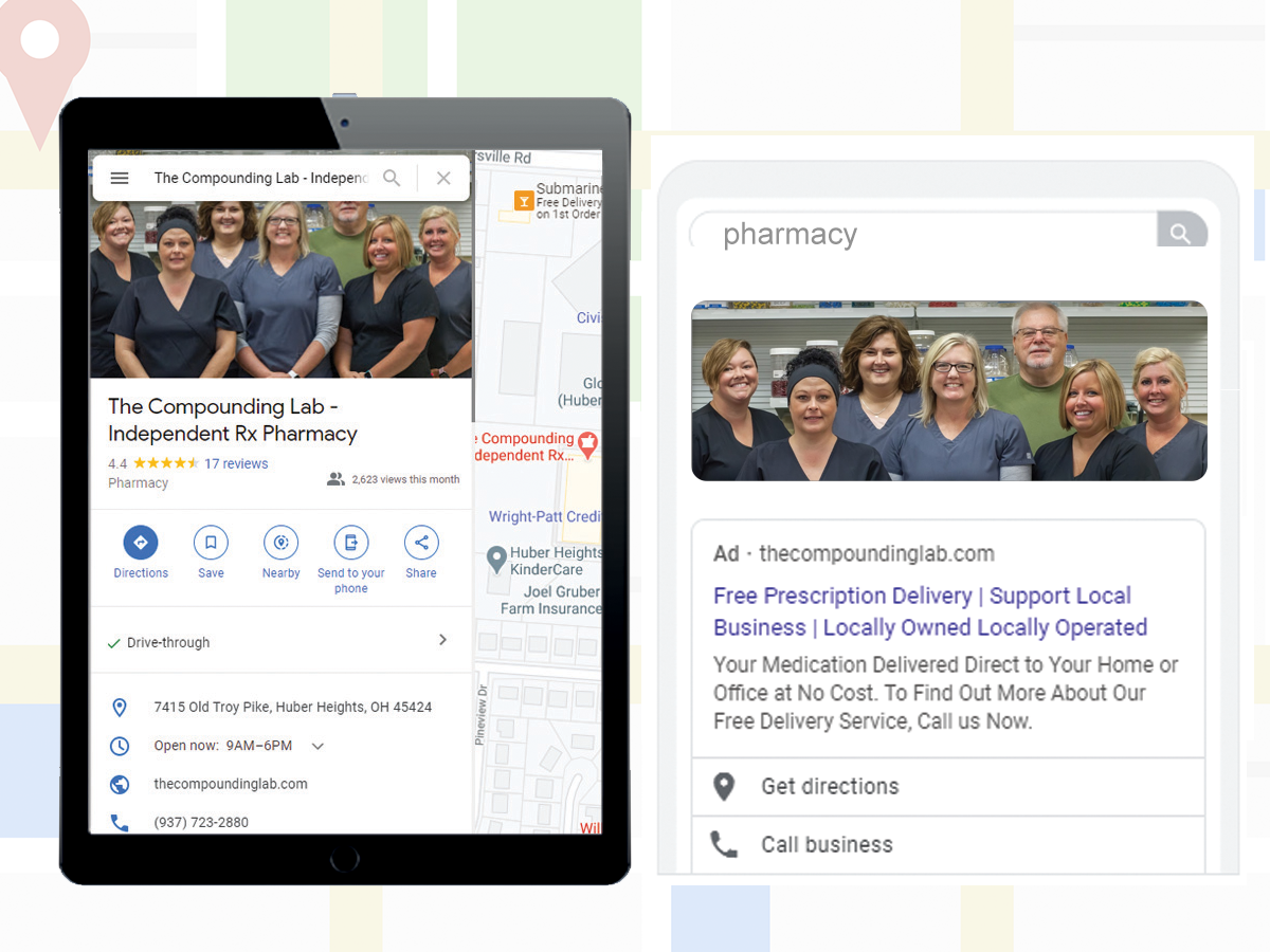 Google Maps and Ads for Pharmacies, photo of pharmacy staff and pharmacy location on Google