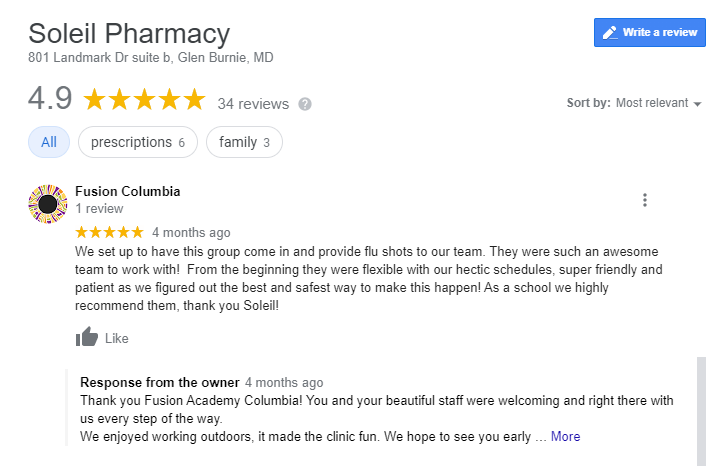 Positive review for pharmacy on Google