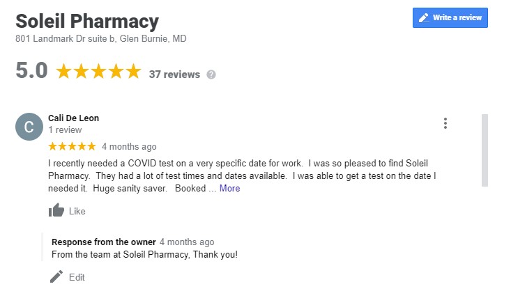 Google review for Soleil Pharmacy in Glen Burnie Maryland